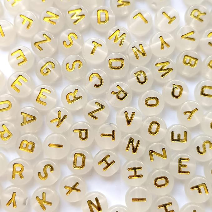Amaney 1000pcs Alphabet Letter Beads 4x7mm Gold on White Glow in The Dark for Jewelry Making