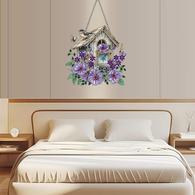 Birdhouse Diamond Art Hanging Kit for Adult Flowers Bird,Special Shaped Rhinestone,DIY Acrylic 5D Diamond Art Painting Window Pendants Home Garden Wall Hanging Kits Hanging Ornament,Double-Sided