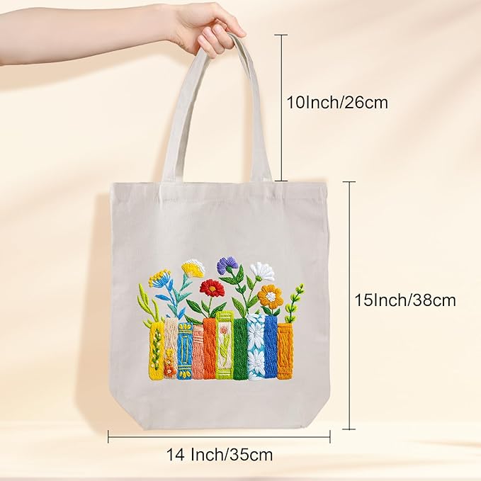 louise maelys embroidery kit canvas tote bag for beginners,cross stitch kits for adults,diy books flowers pattern,women shopping reusable grocery bags
