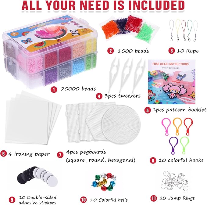 QUEFE Fuse Beads Kit - 21000 pcs 5mm in 24 Colors Melting Beads with Over 80 Accessories and Storage Box, DIY Arts & Crafts for Kids, Creative Toy and Gift Idea for Birthday, Party and Classes