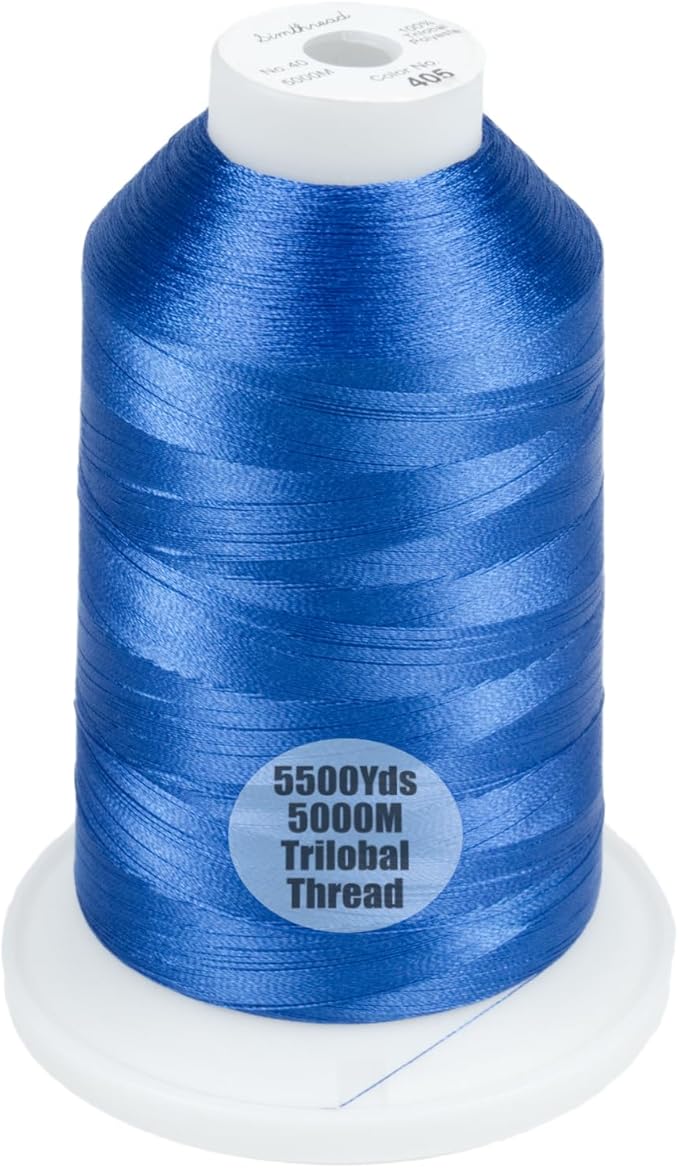 Simthread Trilobal Polyester Thread – 5000M (5500yds) No.40 – Super Sheen, Tangle-Free – Built-in Thread Lock Spool – Compatible with Brother, Singer, Janome & More, Blue-405