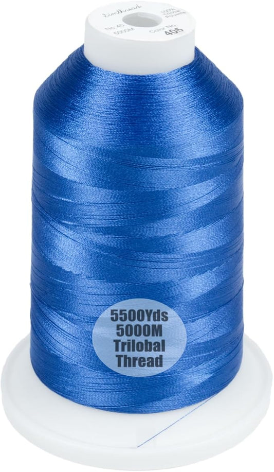 Simthread Trilobal Polyester Thread – 5000M (5500yds) No.40 – Super Sheen, Tangle-Free – Built-in Thread Lock Spool – Compatible with Brother, Singer, Janome & More, Blue-405
