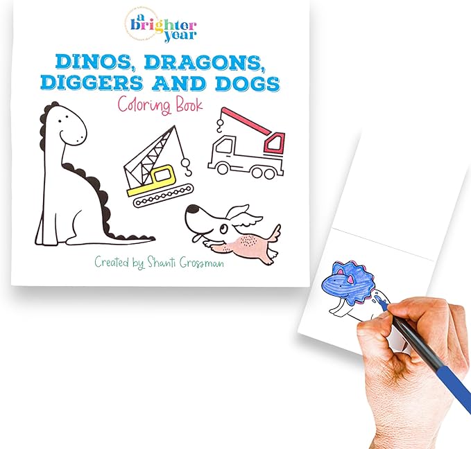 A Brighter Year The Original Adult Mini Coloring Book - Dinos Dragons Diggers and Dogs Edition - 3” x 3” Pocket Size, 50 Pages, Lay Flat Binding, Thick Paper, No Bleeding - Stress & Anxiety Relief