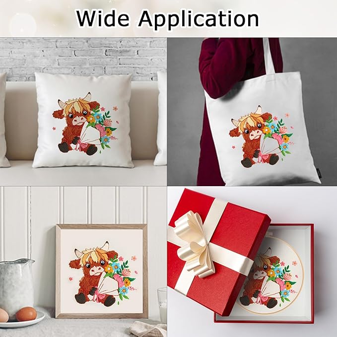 Nuberlic Highland Cow Embroidery Kits for Beginners with Flowers Pattern, DIY Cross Stitch Starter Kits for Adults Including Cloth with Pattern, Hoop, Needles Instruction and Threads