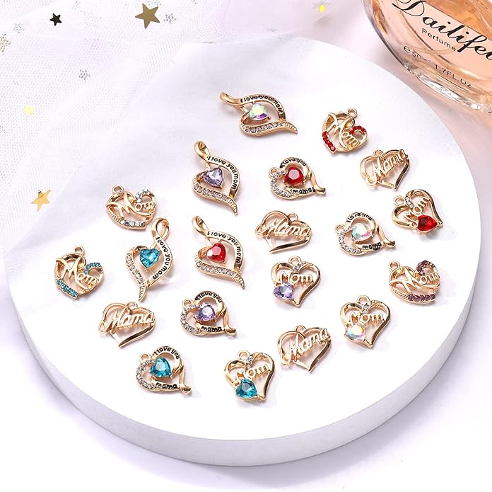 18/20PCS Mama Charms for Jewelry Making Rhinestone Heart Birthday Mother’s Day Charms Letter Mama Mom Pendants for Necklace Bracelet Making DIY Crafts