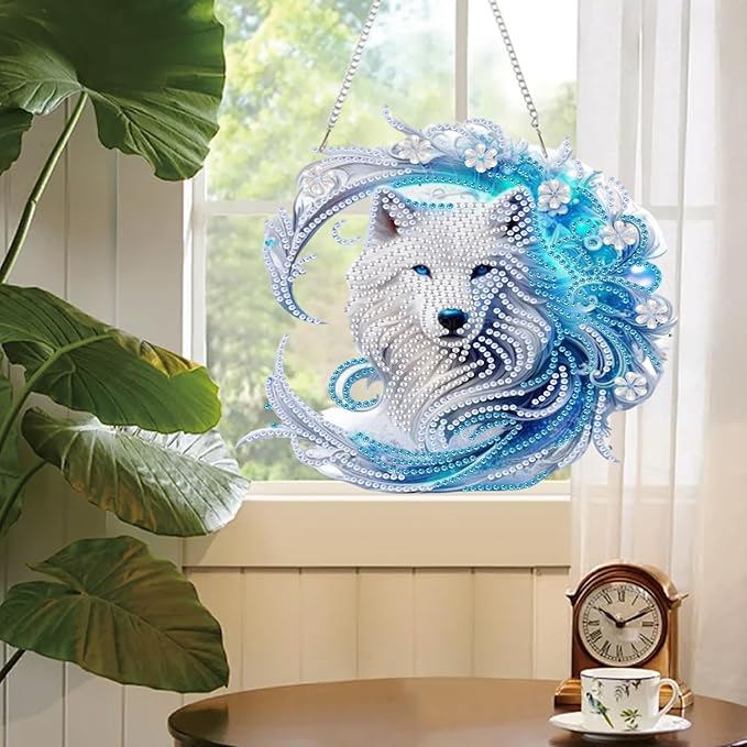 AIBOERL Diamond Art Hanging Kit for Adult,Special Shaped Rhinestone,Double Sided 5D DIY Acrylic Diamond Art Painting Window Pendants Home Garden Wall Hanging Kits Hanging Ornament (Wolf)