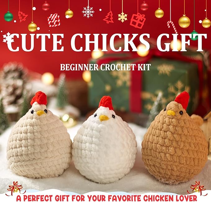 MAGIMUSE Crochet Kit for Beginners, Crochet Starter Kits for Adults Amigurumi Craft Knitting Crochet Animals Kits with Step-by-Step Video Tutorials, 3 Pcs Chicken (40%+ Yarn)
