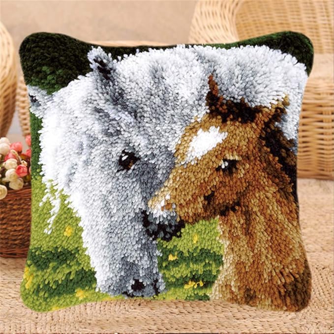 LAPATAIN Latch Hook Kits for DIY Throw Pillow Cover,Needlework Cushion Cover Hand Craft Crochet for Great Family 17X17inch Two Horses(Brown and White)