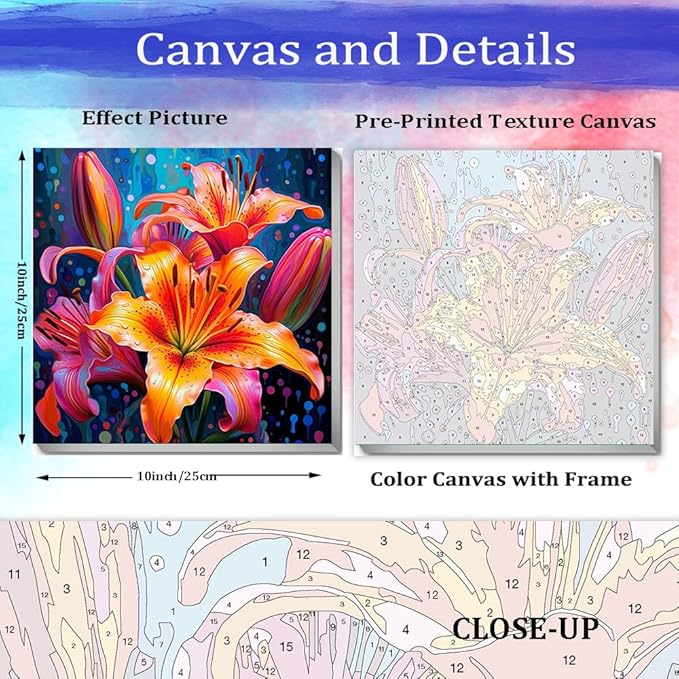 JUJUHOOD Lily Flower Paint by Numbers Kit for Adults Beginner & Kids Ages 8-12,Flower Paint by Number Without Easel, Acylic Paint by Numbers for Gift Home Wall Decor (10x10Inch)