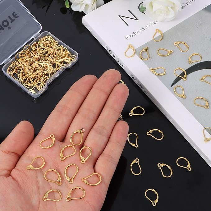 tmmate 100pcs 18k gold filled leverback earring hooks, hypoallergenic french dangle ear wire findings for diy jewelry making, metal earring components (gold)
