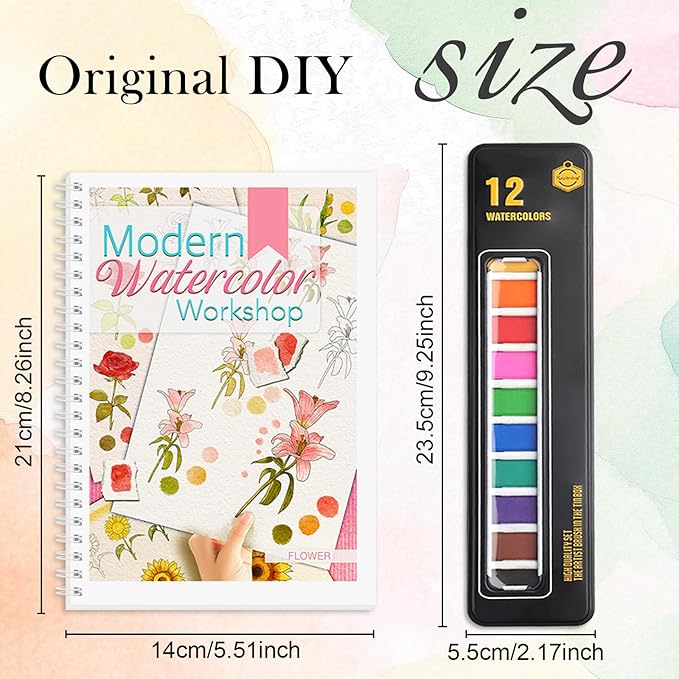 Watercolor Workbook, Watercolor Workbook Paint Book Beginner Friendly with 12 Patterns, Beginner-Friendly Watercolor Workbooks with 12 Paint Colors & Brush, Water Color Paint Set Valentine's Day Gift