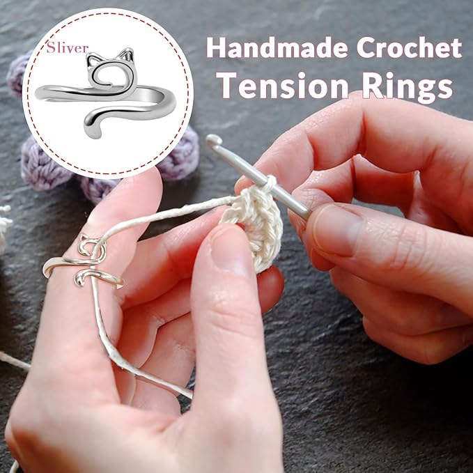 LBU 5Pcs Crochet Ring + 100Pcs Stitch Markers Adjustable Crochet Tension Rings for Finger Handmade Open Yarn Guide Crocheting Rings Knitting Accessories with Box Crochet for Crocheters Knitters(Cat)