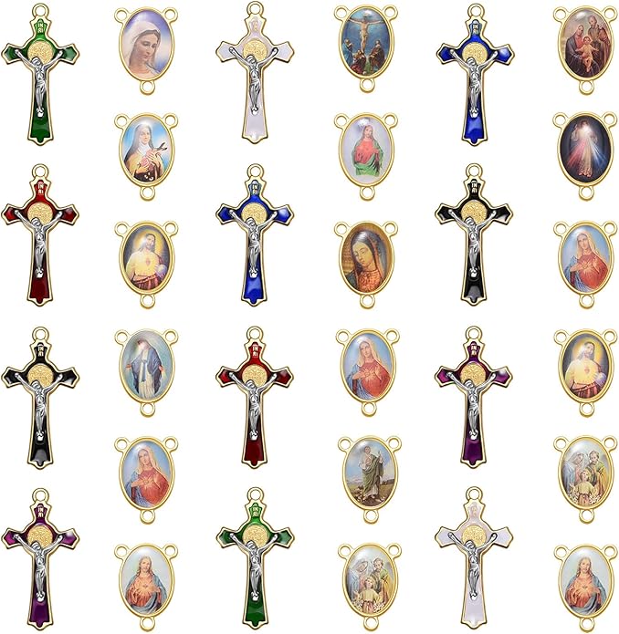 24Pcs/12Sets Rosary Kits Making Supplies Religious Cross and Center Medal Charm Alloy Enamel Saint Benedict Crucifix Pendant Beads for Adults Diy Catholic Jewelry