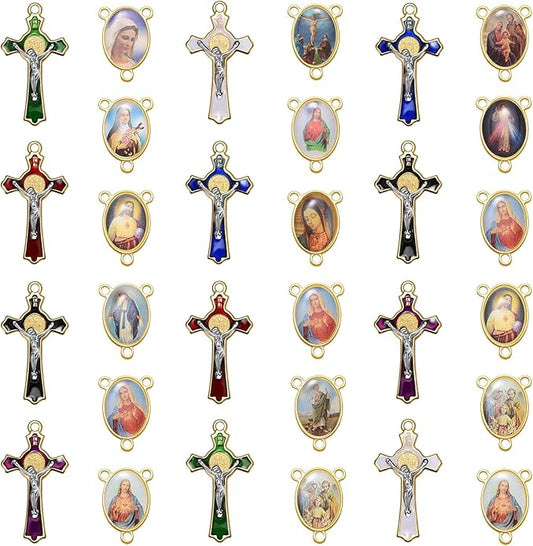 24Pcs/12Sets Rosary Kits Making Supplies Religious Cross and Center Medal Charm Alloy Enamel Saint Benedict Crucifix Pendant Beads for Adults Diy Catholic Jewelry