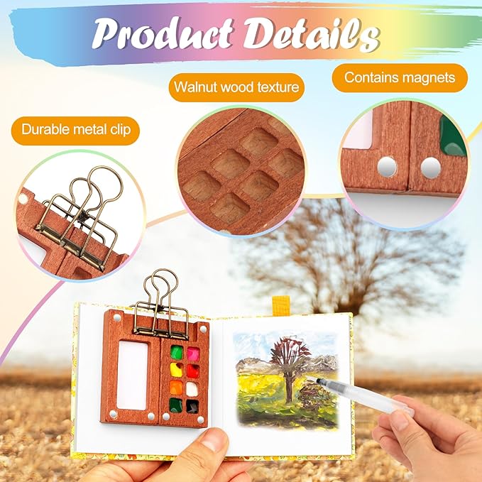 Travel Watercolor Set，Mini Paint Palette Travel kit，Mini Water Color Paint Set，Wooden 8 Grid Paint Box,12 Colors Small Watercolor Sketchbook for Artists Painters Students (12-Yellow)