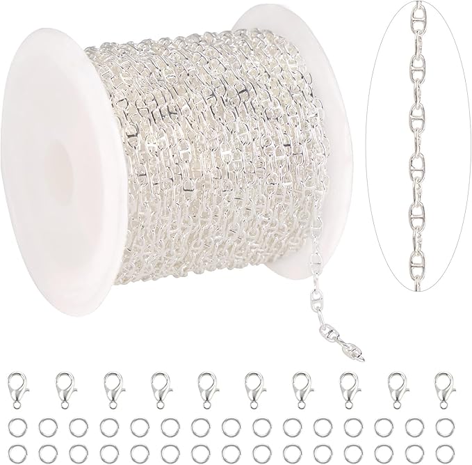 KYUNHOO 16.4 Feet Silver Plated Chains for Jewelry Making Thin Anchor Link on Spool Small Chain for Crafts DIY with Jump Rings Lobster Clasps