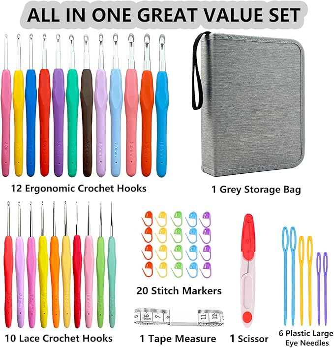 Hobekoee 22 Sizes Crochet Hooks Set with Grey Case,0.5mm-10mm Ergonomic Soft Handle Crochet Hook Needles Set for Arthritic Hands,Complete Crochet Set