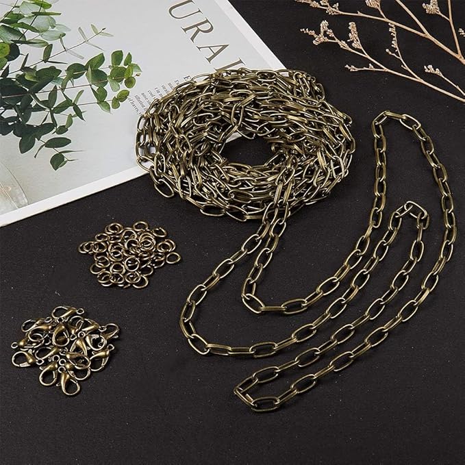 SUNNYCLUE 16.4Feet/ 5m Antique Bronze Curb Cable Chain Link Necklace Paperclip chain Large 20Pcs Brass Lobster Claw Clasps 50Pcs Brass Jump Rings Jewelry Chains for Jewelry Making Supplies DIY Craft