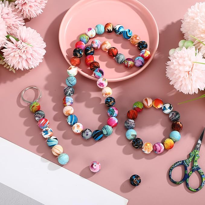 Ferreve 60 Pcs 15mm Silicone Beads Bulk Galaxy Print Round Focal Beads Rubber DIY Silicone Loose Bead for Bracelet Making Kit for Keychain Pens Necklace Bracelets Jewelry Making