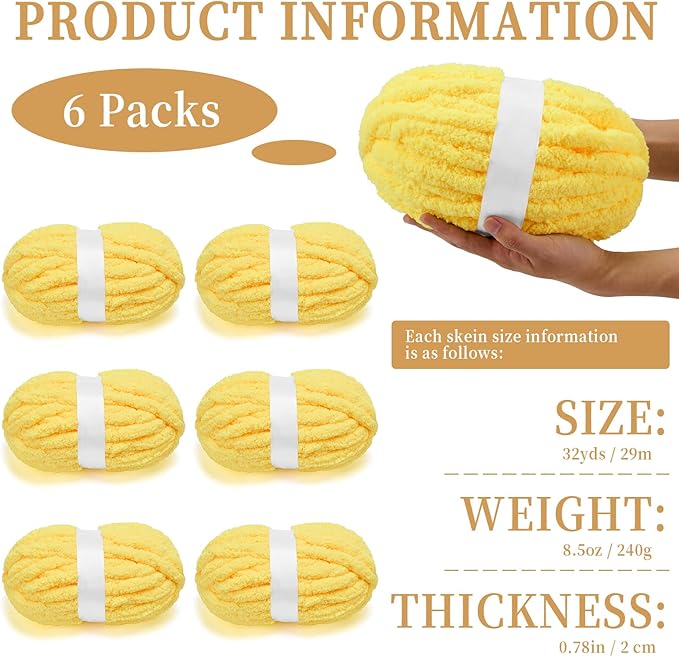 Chunky Chenille Yarn for Crocheting/Arm Knitting, Super Soft Jumbo Knit Blanket Yarn Yellow 6 Pack (32 yds, 8.5 oz Each Pack)