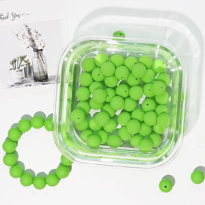 120pcs Richbunnys 15mm Bulk Silicone Beads for Pens and Keychain Making,Large Bead for Necklace and Bracelets Making,Assorted Rubber Beads Set（Vivid Green）