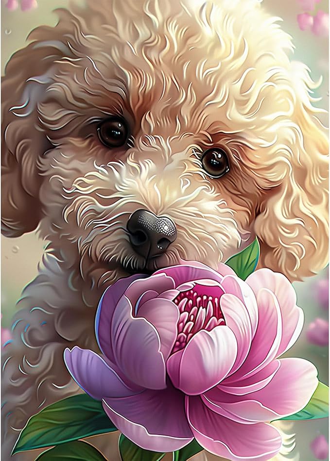 NAIMOER Puppy Diamond Painting Kits for Adults, DIY 5D Diamond Painting Aniamsls, Full Drill Dog and Flowers Diamond Art Kits Perfect for Relaxation and Home Wall Decor 30x40cm