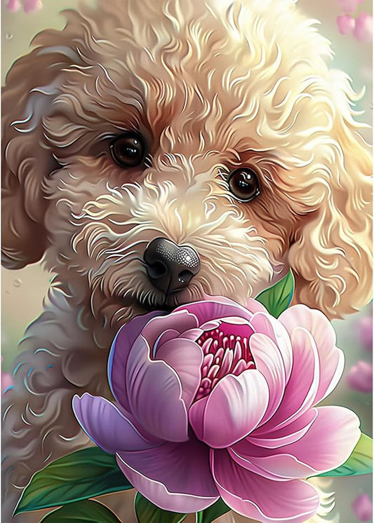 NAIMOER Puppy Diamond Painting Kits for Adults, DIY 5D Diamond Painting Aniamsls, Full Drill Dog and Flowers Diamond Art Kits Perfect for Relaxation and Home Wall Decor 30x40cm
