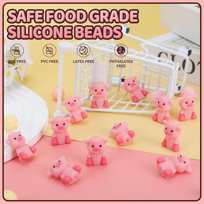 12PCS 3D Pig Silicone Beads for Pens, 12Pcs Pig Silicone Focal Beads for Keychain Making DIY Handicraft（3D Pig ）