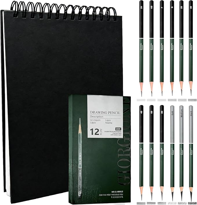 Sketchbook and Pencil Set - Spiral Bound Hardcover with 60 Sheets & 12 Charcoal Pencils (Hard/Medium/Soft) for Professional Artists and Beginners