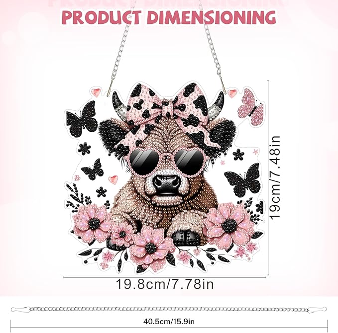 Bowetile Cow Diamond Art Hanging Kits for Adults, Diamond Art Suncatchers Animals, 5D Special Shape Diamond Painting Pendant Window Ornament Gifts for Home Wall Door Garden Decor