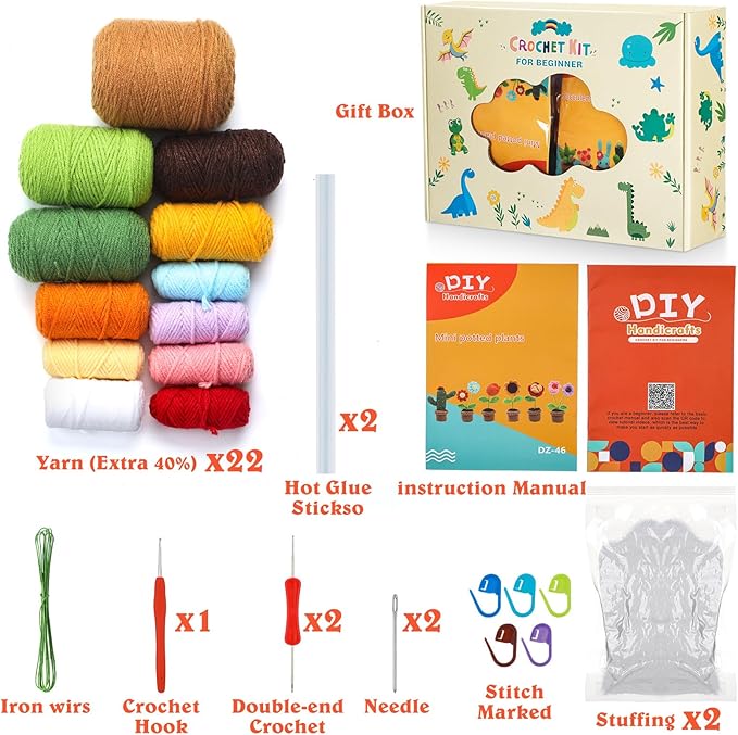 HunnmingRe 12 Pcs Christmas Crochet Gift Kit for Beginner, Mini Potted Succulent Plants DIY Craft Kit for Starters with Video Tutorials Classroom Craft for Adults Birthday Xmas Decoration