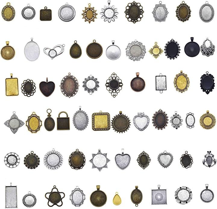 Assorted 60 Pieces Mini Size Blank Bezel Pendant Trays Antique Bronze Silver Golden 0.4-1.6 inches Alloy Cameo Setting for DIY Jewelry Making