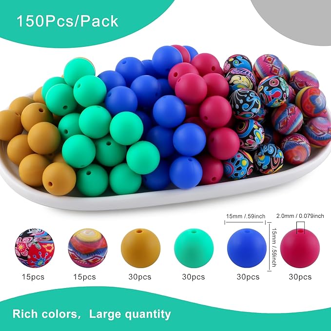 150Pcs Mixed Color 15mm Silicone Beads for Keychain Making, Mustard Blue Magenta Print Silicone Beads for Pens and Bracelet Jewelry Making