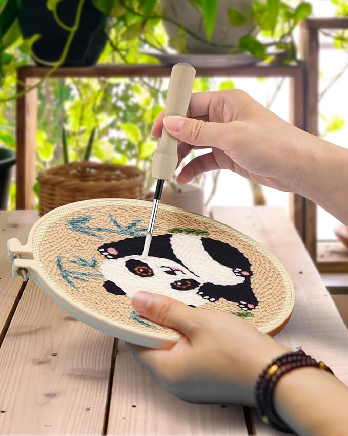 TINDTOP 3 Sets Punch Needle Kits, Panda Punch Embroidery Kits for Adults Beginner, Tool with Punch Needle Fabric, Hoops, Yarns and Sewing Needles