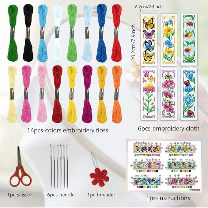 ORIGACH 6 Pcs Cross Stitch Bookmark Kit for Beginner Adults, Flowers and Butterflies Stamped Embroidery Bookmark Kit with Instruction for Starters Printed Cross Stitch DIY Kits for Book Lovers