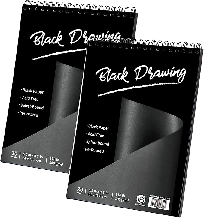Bachmore Black Sketch Pad, 5.5''X8.5, 60 Sheets (122lb/ 180gsm),Top Spiral-Bound, Heavyweight Paper, for Graphite & Colored Pencils, Charcoal (5.5X8.5)