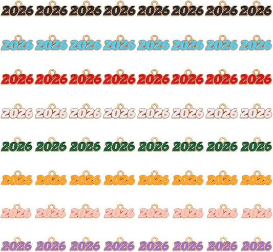 2026 Charms, 8 Colors Zinc Alloy 2026 Year Charms for Crafts New Year Graduation Tassel for Craft DIY Jewelry Making Party Decoration
