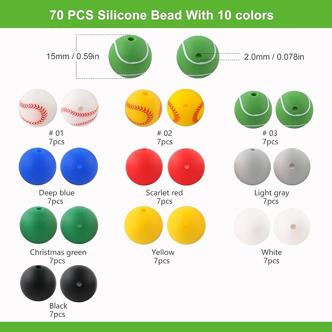 70Pcs Print Silicone Beads for Keychain Making,Round 15mm Silicone Beads for Pens, Necklace and Bracelets Making（Ball Print）