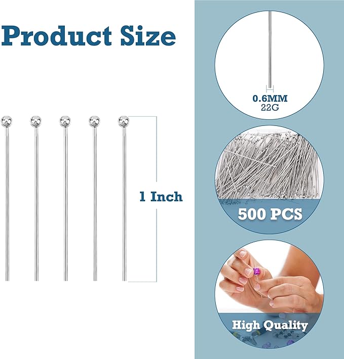 Mandala Crafts 1 Inch Silver Ball Head Pins for Jewelry Making Earring Making Supplies - 500 Jewelry Findings for Making Earrings DIY Bracelets Rosary Charms