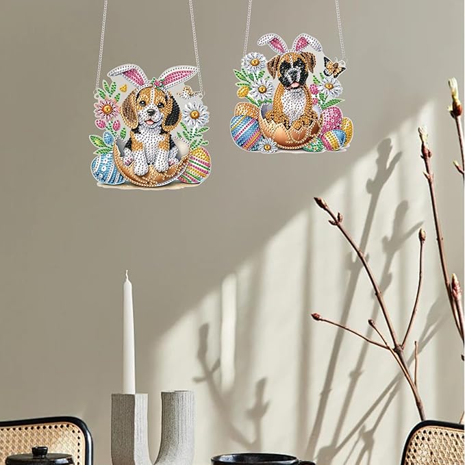 TDFERAN Puppy Dog Diamond Art Painting Hanging Pendant 2 Kit Animal Diamant Acrylic Cute Puppy Ornaments Diamond Pendant for Adult Home Entrance Window Decor Gemstone Handmade Crystal Puzzle