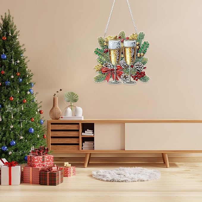 RICUVED Christmas Hanging Diamond Art Kit for Adults, Special Shaped Crystal Gem Craft Diamond Painting Pendant Kit for Beginners, DIY Hanging Acrylic Art Ornament for Home Garden Wall Decor