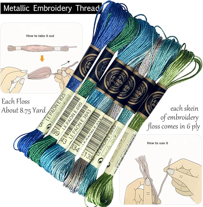 LE PAON Embroidery Floss Metallic Thread (Blue-Green Series)