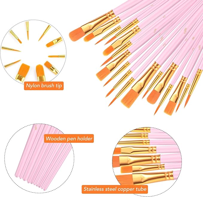 AROIC Painting Brushes Set, 10 Packs /100 Pieces, Nylon Brush Head, Suitable for Oil and Watercolor, Perfect Suit of Art Painting, Best Present for Painting, Pink