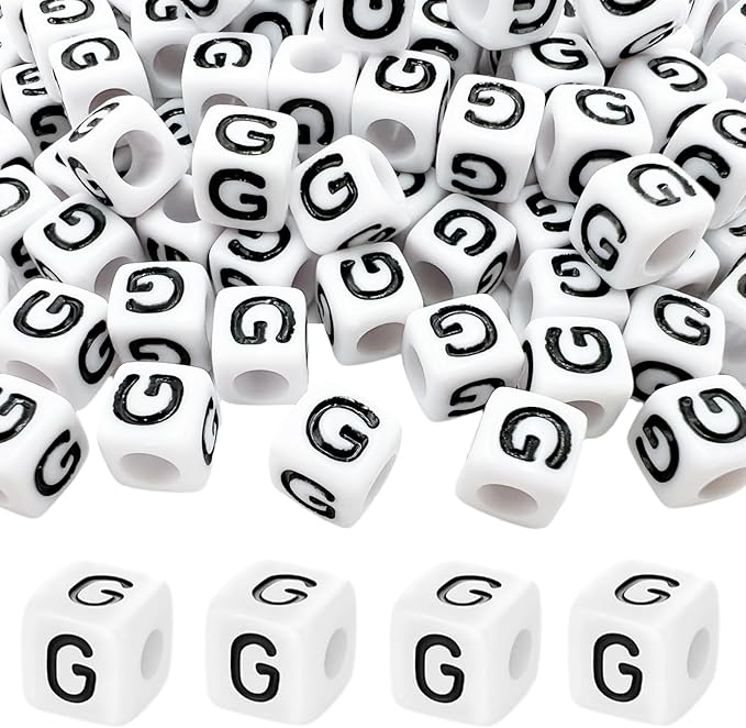MIIIM 100pcs Pony Beads Letter G for Keychains Making, 6x6mm Large Hole Square Letter Beads for Bracelets Making, Alphabets, Numbers (White and Black)