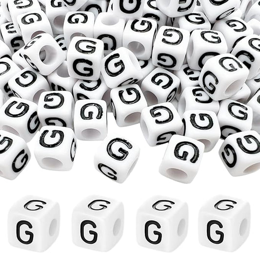 MIIIM 100pcs Pony Beads Letter G for Keychains Making, 6x6mm Large Hole Square Letter Beads for Bracelets Making, Alphabets, Numbers (White and Black)