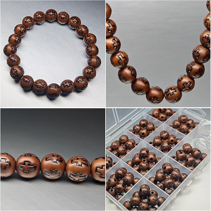 143 Pcs 10mm Light Brown Acrylic Cross Beads for Bracelets, Christian Religious Beads with 2m Elastic String & 12 Grids Organizer Box - DIY Jewelry Supplies