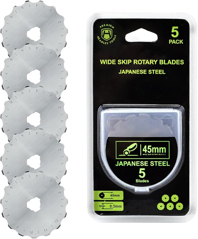 Headley Tools 45 mm Rotary Crochet Edge Skip Blades Comes with Storage Case Fits Olfa Fiskars Cutters- Pack of 5(45MM Skip, 15 Teeth)