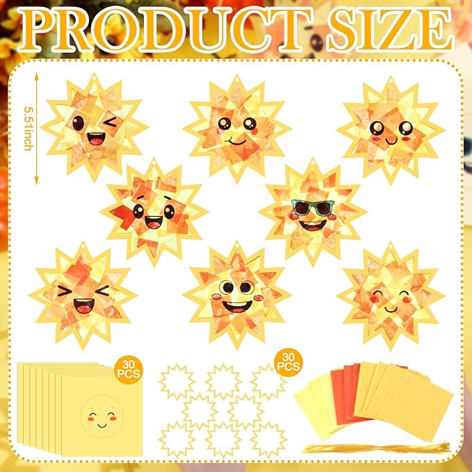 AmazingSpark 30 Pcs Sun Suncatchers Paper Craft Spring Sun Face DIY Stained Glass Effect Tissue Paper Kits Gift Bulk for Fall Autumn Activities Art Party Decor