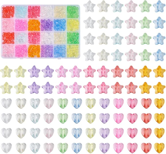 FASHEWELRY 480pcs Clear Acrylic Star Heart Beads - Transparent Colorful Assorted Pastel Cute Kawaii for Bracelets Jewelry Making
