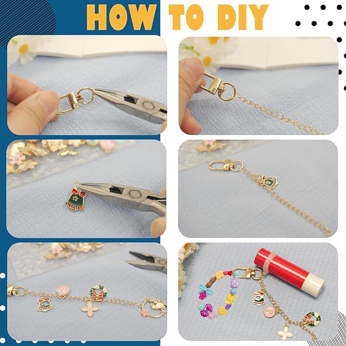 LEIOSAGN 531pcs Lip Gloss Keychain Jewelry Making Kit with 12 Keychain Clips, 12 Extender Chains, 60 Charms, 180 Mixed Acrylic Beads, 12 Silicone Rings, Jump Rings, Wire, Plier, Resealable Pouch Bags